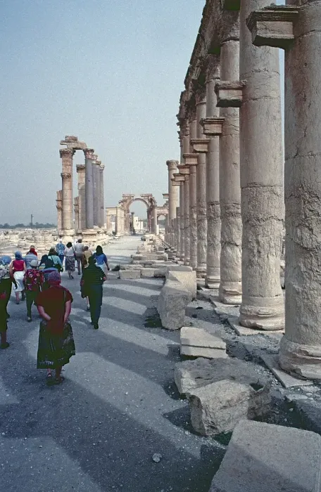 Framed Print : Colonnade towards Hadrian's Gate, Hadrian's Gate, Palmyra, Syria, May 1987, vintage, retro, old, historical, Asia