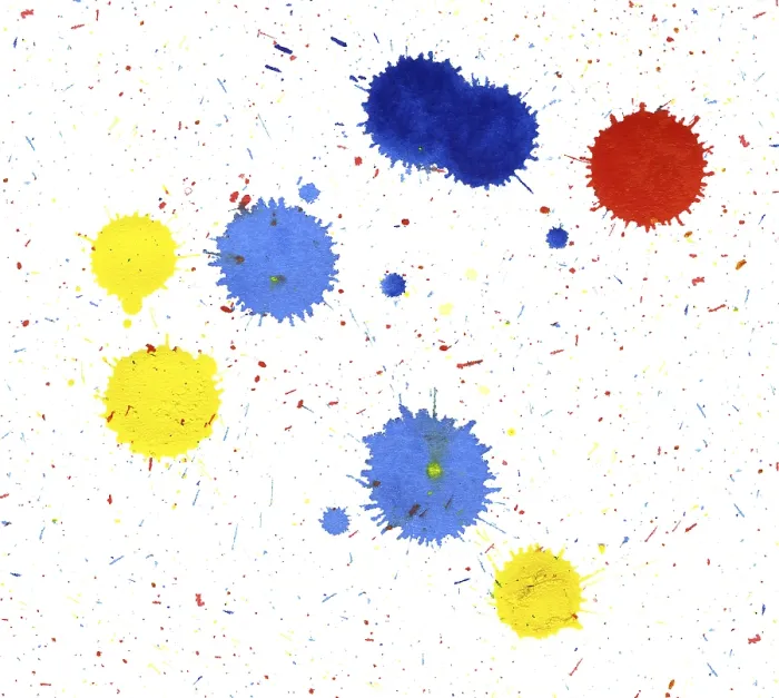 Framed Print : Colored paint splatters in white back