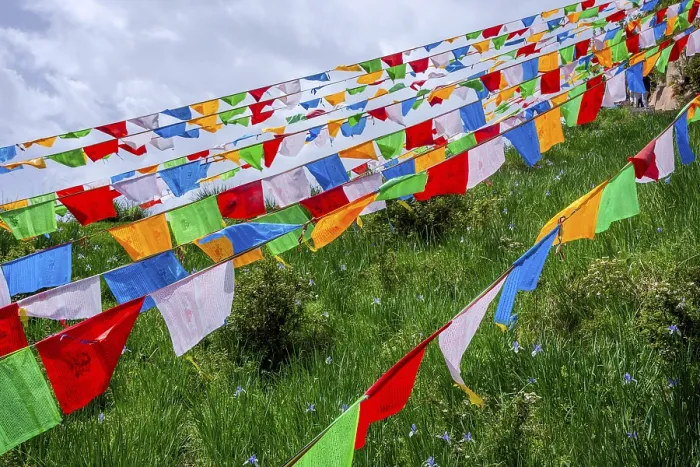 Framed Print : Colorful buddhist praying flags by Mati Si cave temple