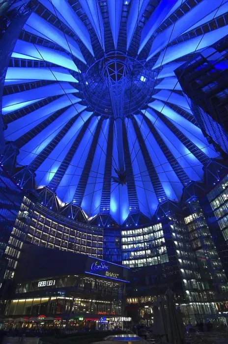Framed Print : Colorful illuminated roof structure at Sony Center