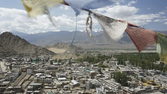 Framed Print : Colorful prayer flags over Leh