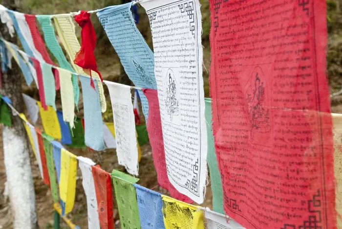 Framed Print : Colorful Tibetan Buddhist prayer flags hanging in rows