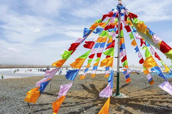 Framed Print : Colorful tibetan buddhist praying flags in the wind next to Chaqia salt lake