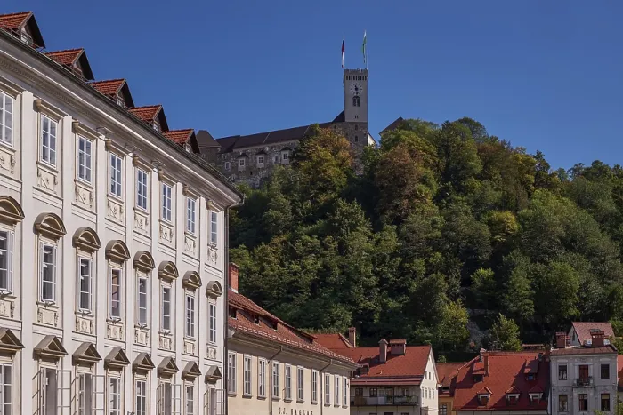Framed Print : Colorful Traditional Houses and The Castle in the Hill - Ljubljana