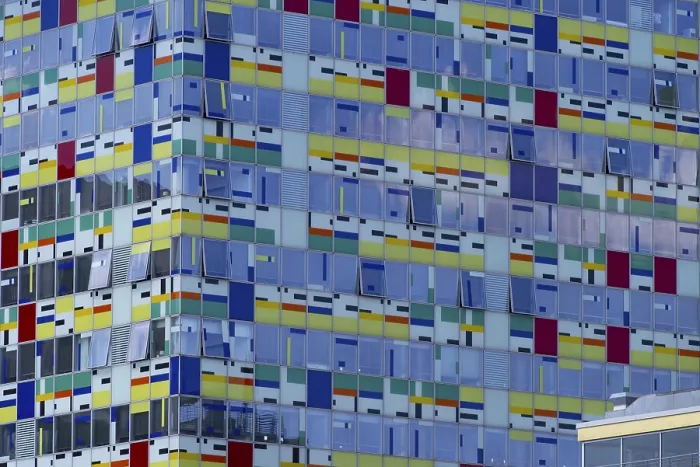 Framed Print : Colorium high-rise building, facade with coloured glass panels