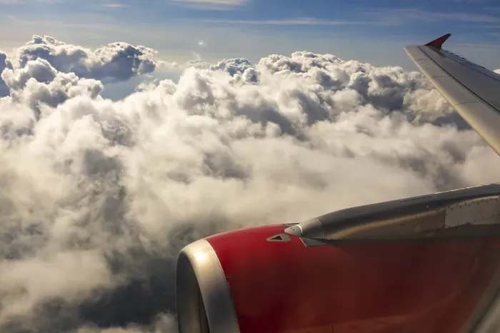 Framed Print : A colour landscape image looking out through airplane window showing land