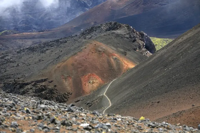 Framed Print : Coloured ash and cinder deposits in a crater in Haleakala National Park