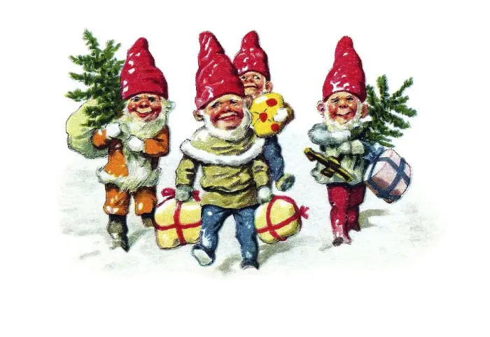 Framed Print : Coloured dwarves bringing gifts Framed Print : Coloured dwarves bringing gifts