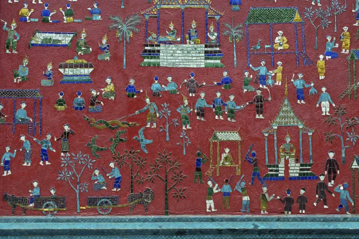 Framed Print : Coloured glass mosaic on a red wall