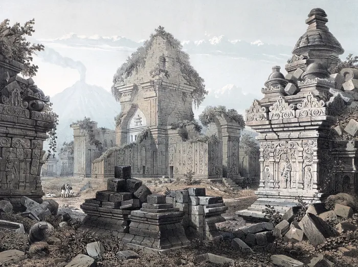 Framed Print : This coloured lithograph depicts the ruins of the temple of Prambanan in central Java Framed Print : This coloured lithograph depicts the ruins of the temple of Prambanan in central Java