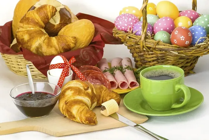 Framed Print : Colourful Easter breakfast with Easter eggs