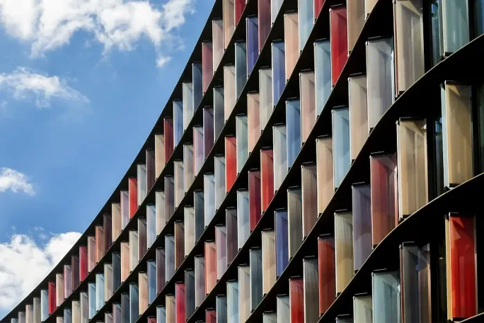 Framed Print : Colourful exterior facade of an office building in the financial district