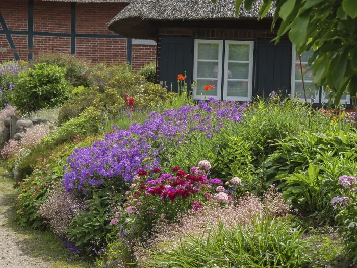 Framed Print : Colourful flower garden of a half-timbered house with thatched roof and rural atmosphere