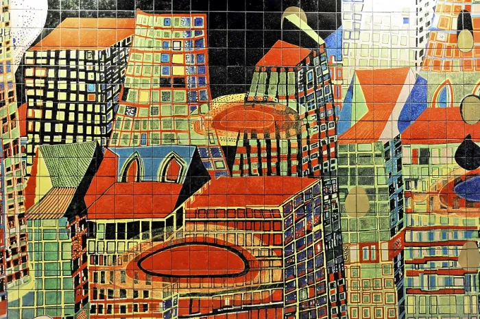 Framed Print : Colourful mosaic of modern city structures and buildings in Portugal