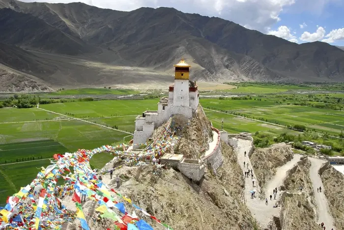 Framed Print : Colourful prayer flags wave on a mountain at fortress Yumbulagang in Yarlung valley near Tsetang Tibet China Framed Print : Colourful prayer flags wave on a mountain at fortress Yumbulagang in Yarlung valley near Tsetang Tibet China