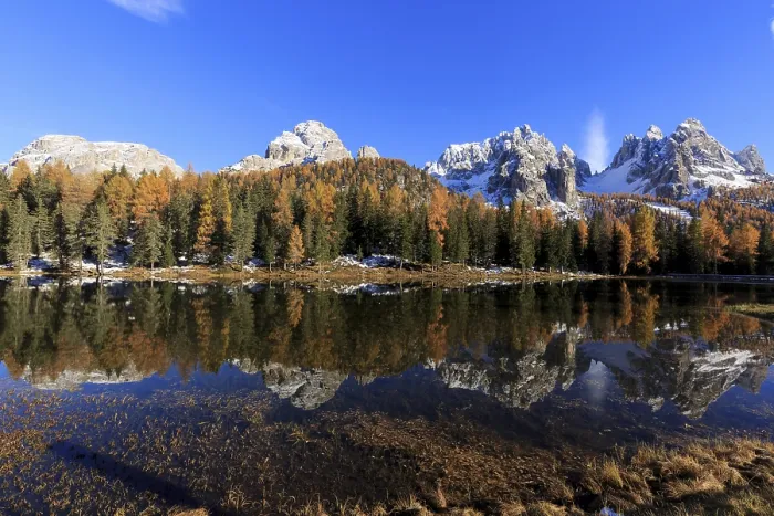 Framed Print : The colourful scenery of an autumnal forest next to a mirror-smooth lake in the sunlight