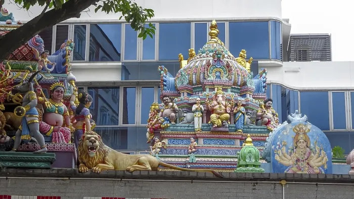 Framed Print : Colourful temple roof with figures and a lion Framed Print : Colourful temple roof with figures and a lion