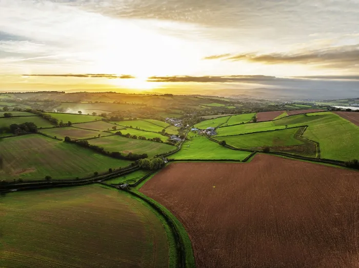 Framed Print : Colours of autumn Fields and Farms over Sheldon from a drone