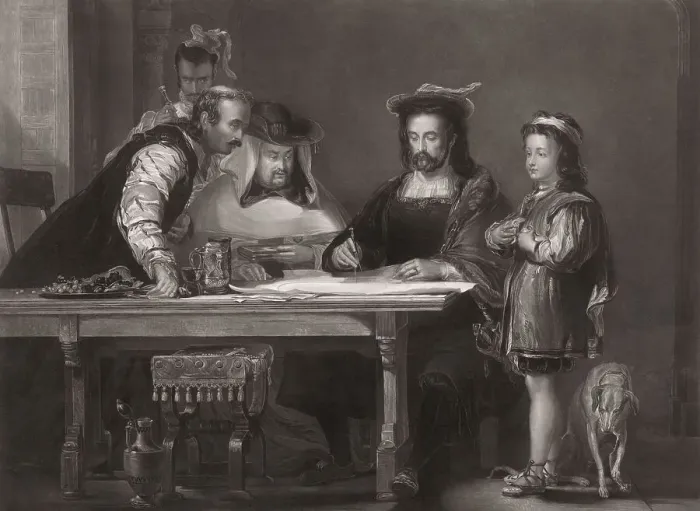 Framed Print : Columbus propounding his theory of a New World
