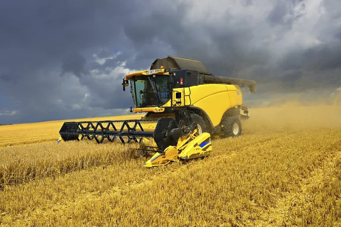 Framed Print : Combine harvester in cornfield harvests barley