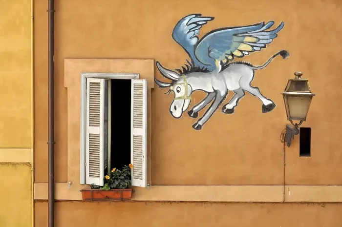 Framed Print : Comic wall painting of a winged donkey Framed Print : Comic wall painting of a winged donkey