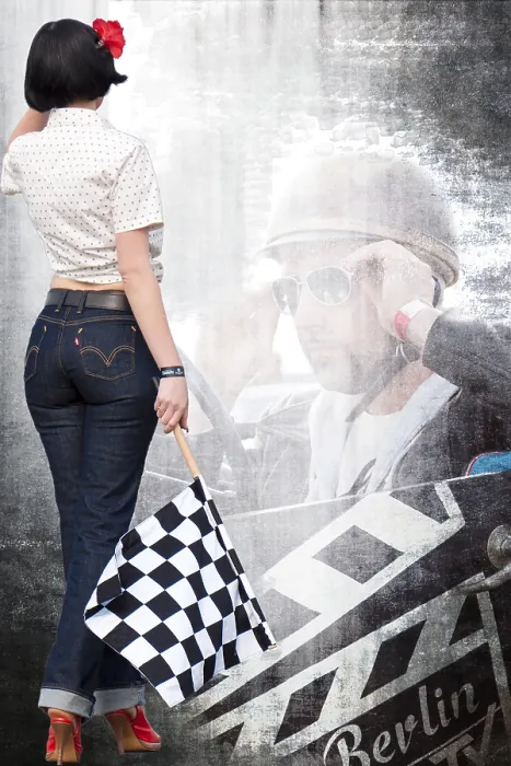 Framed Print : Composite image, montage, with starter girl and driver at a vintage car event