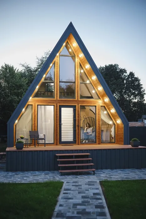 Framed Print : Concept of comfortable rest and vacations in modern log cabin in nature