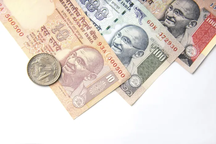 Framed Print : Concept of Indian currency notes and coin