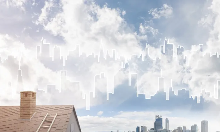 Framed Print : Concept of real estate and construction with drawn silhouette on big city background