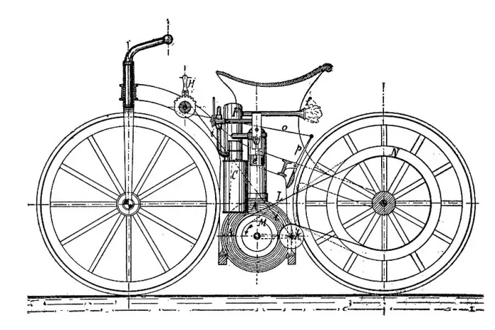 Framed Print : Construction plan of the Sitzrad motorcycle with a daimler engine