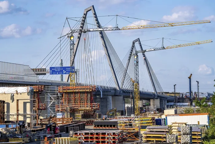 Framed Print : Construction site on the left bank of the Rhine for the new construction of the second motorway bridge of the A1 over