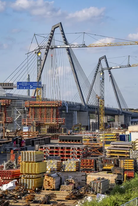 Framed Print : Construction site on the left bank of the Rhine for the new construction of the second motorway bridge of the A1 over Framed Print : Construction site on the left bank of the Rhine for the new construction of the second motorway bridge of the A1 over