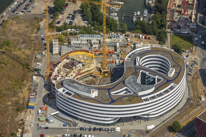 Framed Print : Construction site for the new TRIVAGO headquarters on KesselstraBe in the media port in Dusseldorf