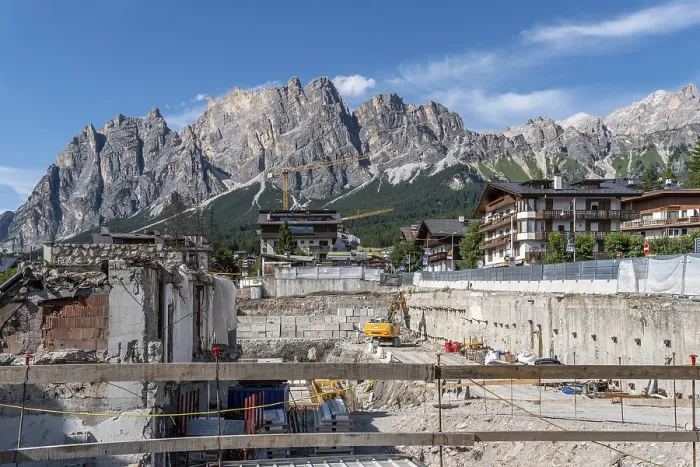 Framed Print : Construction site with a view of the Dolomites
