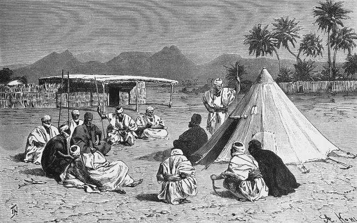 Framed Print : Consultation of the Tubu, a Central Saharan people, in the Sahara oasis of Bardai or Bardai, Tibesti province, tent, men sitting in a circle, date plams, mountains, wooden hut, travelling, Chad, historical illustration 1886, Africa Framed Print : Consultation of the Tubu, a Central Saharan people, in the Sahara oasis of Bardai or Bardai, Tibesti province, tent, men sitting in a circle, date plams, mountains, wooden hut, travelling, Chad, historical illustration 1886, Africa