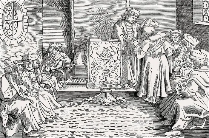 Framed Print : Consulting room of a doctor in the Middle Ages Framed Print : Consulting room of a doctor in the Middle Ages