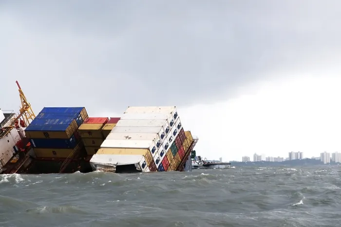 Framed Print : Container ship chitra tilted dangerously colliding in sea