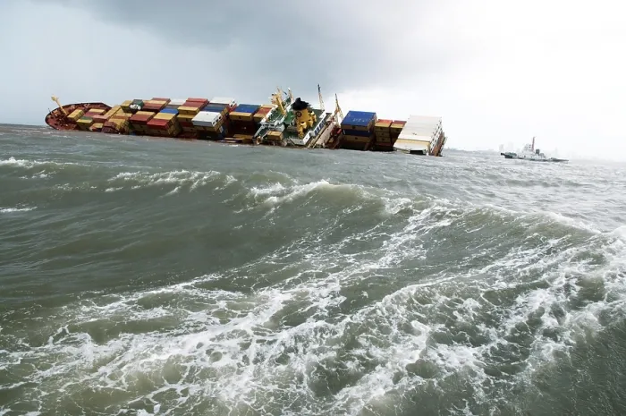 Framed Print : Container ship chitra tilted dangerously colliding in sea