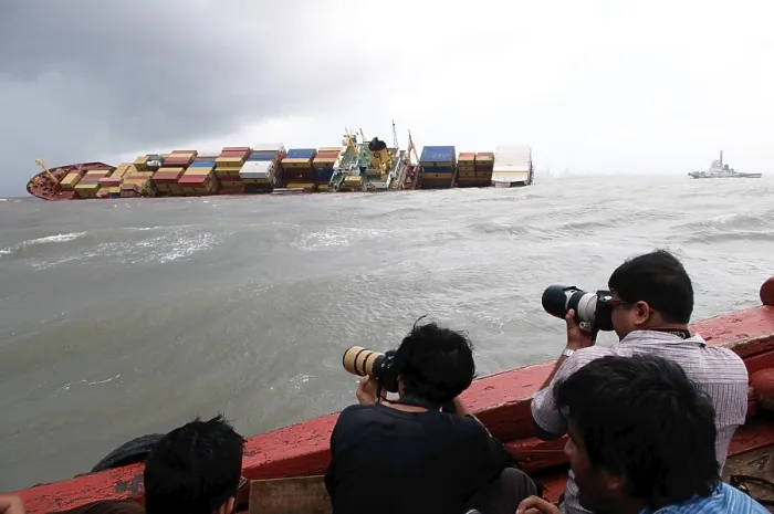 Framed Print : Container ship chitra tilted dangerously colliding in sea