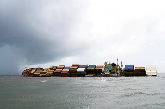 Framed Print : Container ship chitra tilted dangerously colliding in sea