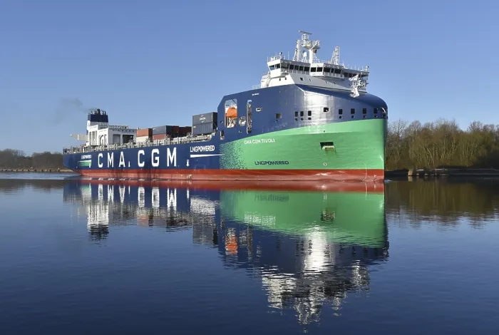 Framed Print : Container ship CMA CGM TIVOLI sailing in the Kiel Canal