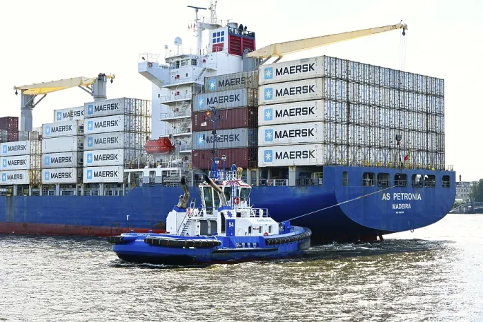 Framed Print : Container ship with stacked containers in the port of Hamburg