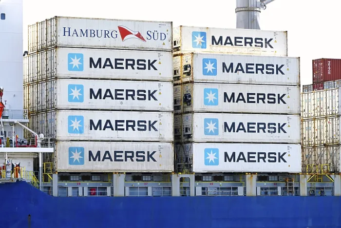 Framed Print : Container ship with stacked containers in the port of Hamburg