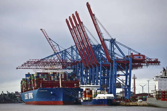 Framed Print : Container ships at the Tollerort container terminal in the Port of Hamburg