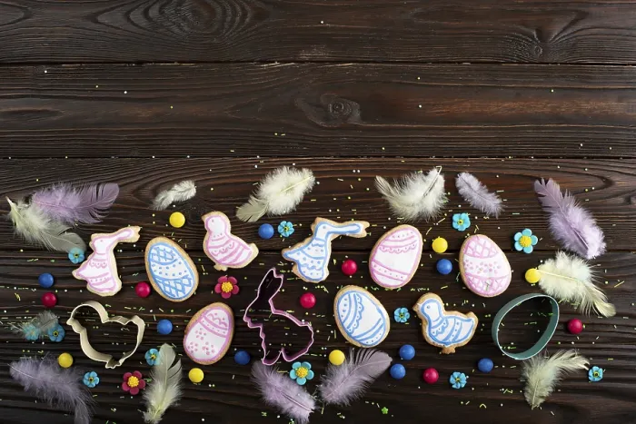 Framed Print : Cookie cutters feathers and Easter frosted cookies in shape of egg