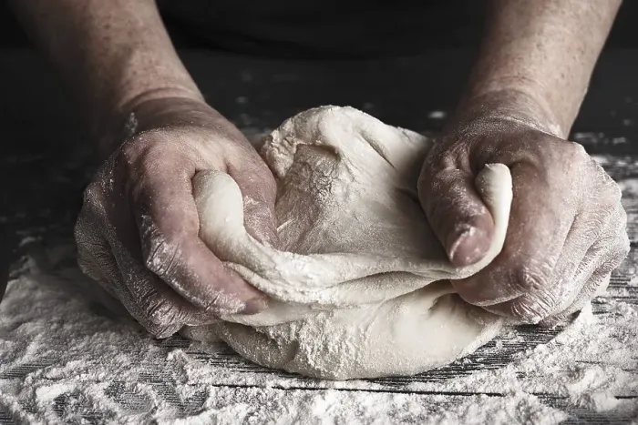 Framed Print : Cooking dough by elderly woman cook hands for homemade pastry bread