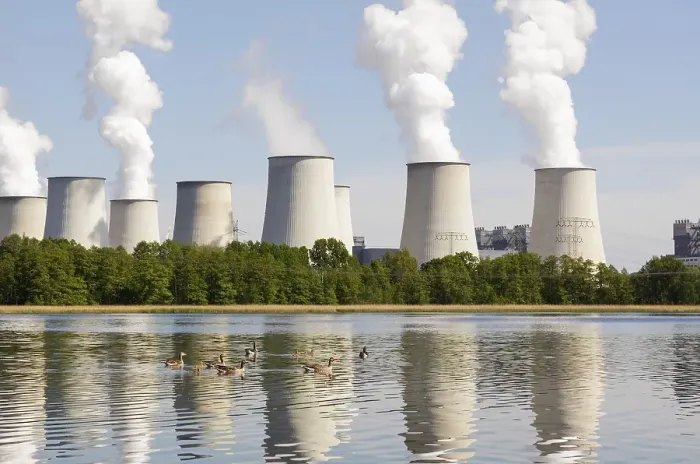 Framed Print : Cooling towers viewed across Halterteich