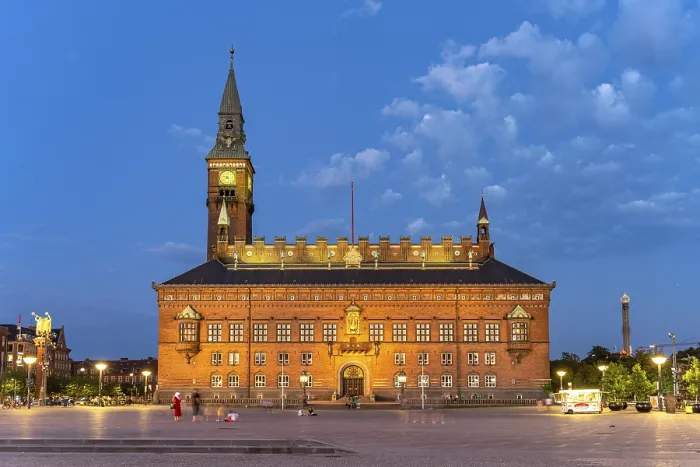 Framed Print : Copenhagen City Hall on the town hall square Radhuspladsen at dusk