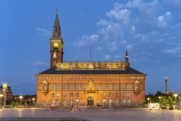Framed Print : Copenhagen City Hall on the town hall square Radhuspladsen at dusk