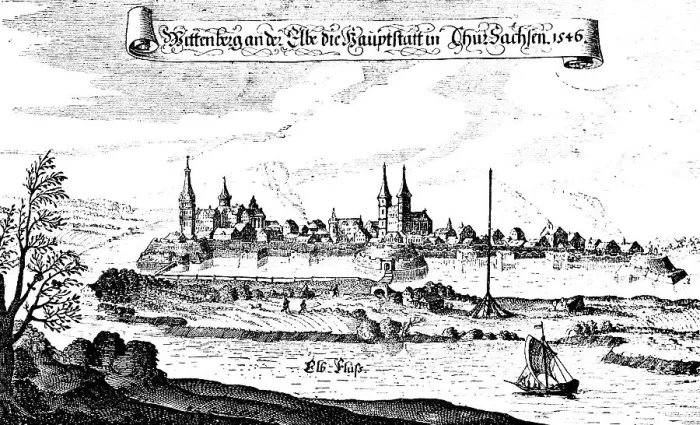 Framed Print : Copperplate engraving from 1546 of the town of Wittenberg on the Elbe, view of the capital of Saxony, fortress, town wall, sailing barge, churches, historical illustration 1883